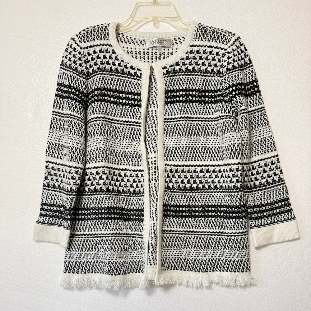 KASPER‎ Black White Stripe Knit Open  Front Cardigan Sweater Small Fringe Hem